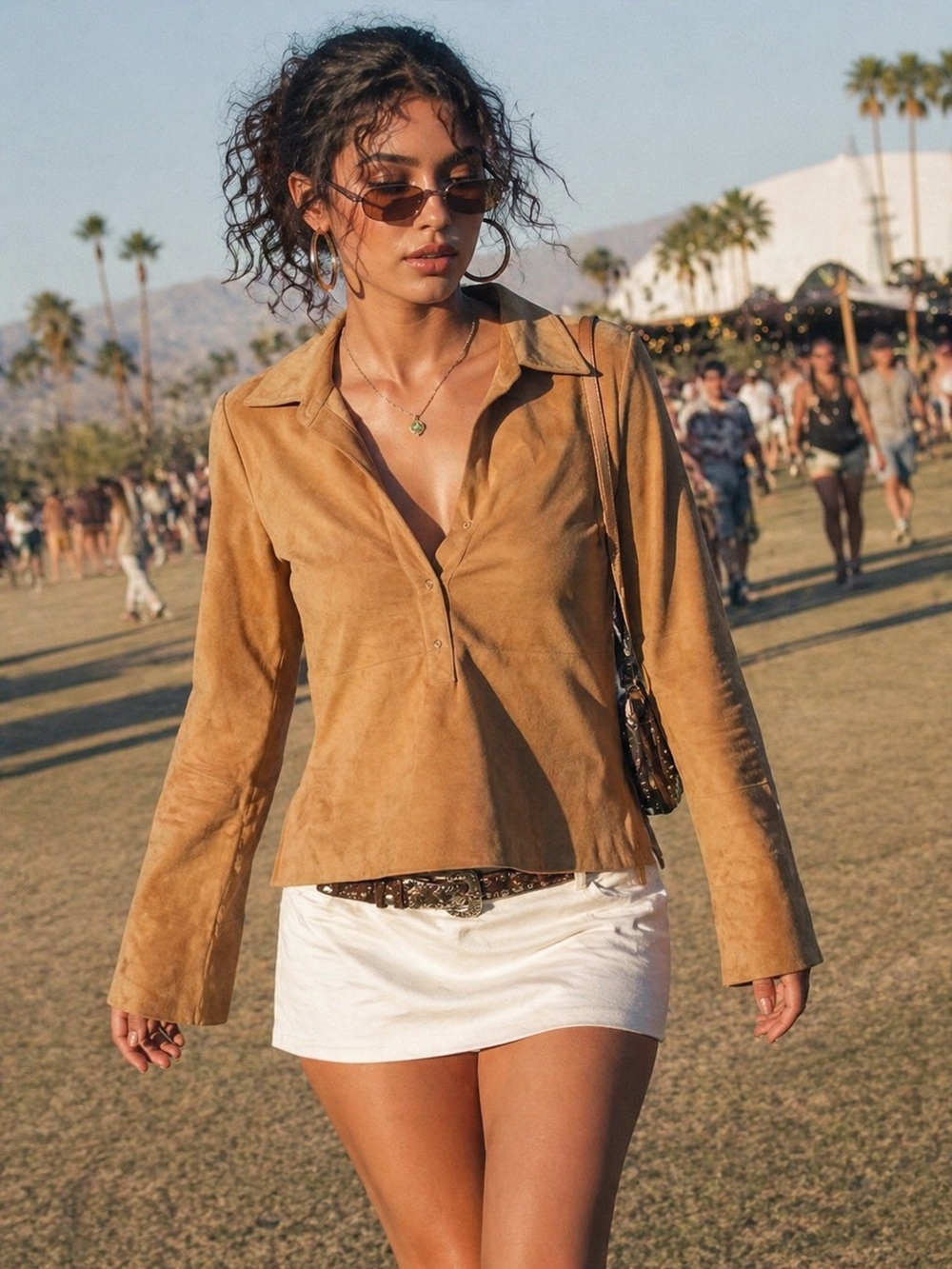 Vintage BCBG MaxAzria Leather Shirt Tan Suede Button Front Size S Western Chic